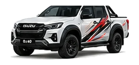 Isuzu D-Max DL40 in Splash White with pickup truck vinyl graphics, front three-quarter view on a white background.