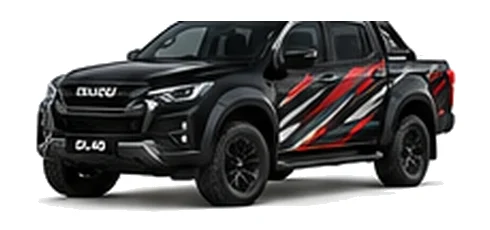 Isuzu D-Max DL40 in Obsidian Black with custom vinyl graphics, front three-quarter view.