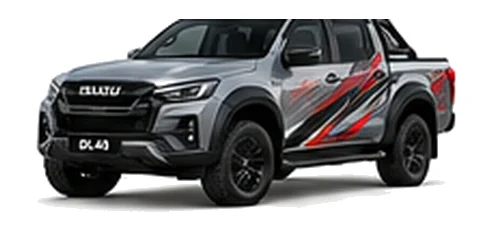 Isuzu D-Max DL40 in Mercury Silver with pickup truck vinyl graphics, front three-quarter view on a white background.