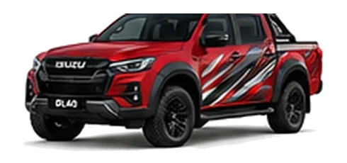 Isuzu D-Max DL40 in Spinel Red with custom vinyl graphics, front three-quarter view.