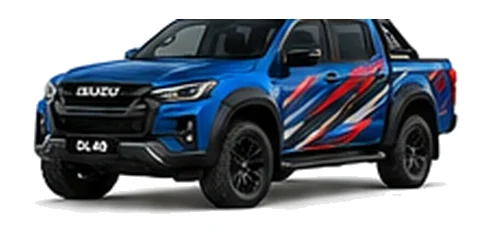 Isuzu D-Max DL40 in Sapphire Blue with custom vinyl graphics, front three-quarter view.