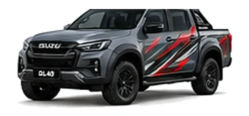 Isuzu D-Max DL40 in Dolomite Grey with custom vinyl graphics, front three-quarter view.