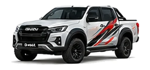 Isuzu D-Max V-Cross in Splash White with pickup truck vinyl graphics, front three-quarter view on a white background.