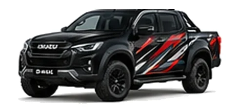 Isuzu D-Max V-Cross in Obsidian Black with custom vinyl graphics, front three-quarter view.
