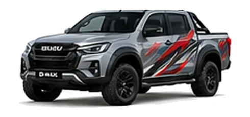 Isuzu D-Max V-Cross in Mercury Silver with pickup truck vinyl graphics, front three-quarter view on a white background.