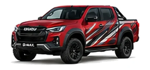 Isuzu D-Max V-Cross in Spinel Red with custom vinyl graphics, front three-quarter view.