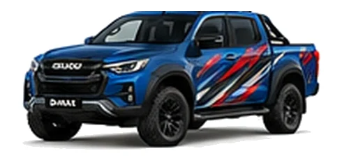 Isuzu D-Max V-Cross in Sapphire Blue with custom vinyl graphics, front three-quarter view.