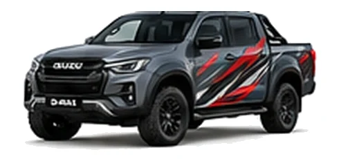 Isuzu D-Max V-Cross in Dolomite Grey with custom vinyl graphics, front three-quarter view.