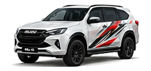 Isuzu MU-X in Splash White with pickup truck vinyl graphics, front three-quarter view on a white background.
