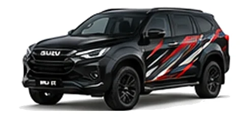Isuzu MU-X in Obsidian Black with custom vinyl graphics, front three-quarter view.