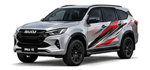 Isuzu MU-X in Mercury Silver with pickup truck vinyl graphics, front three-quarter view on a white background.