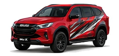 Isuzu MU-X in Spinel Red with custom vinyl graphics, front three-quarter view.