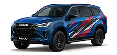 Isuzu MU-X in Sapphire Blue with custom vinyl graphics, front three-quarter view.
