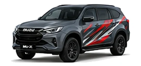Isuzu MU-X in Dolomite Grey with custom vinyl graphics, front three-quarter view.