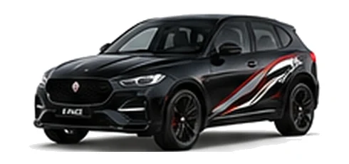 Jaguar E-Pace in Santorini Black with Jaguar performance vinyl graphics, front three-quarter view on a white background.