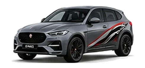 Jaguar E-Pace in Eiger Grey with Jaguar performance vinyl graphics, front three-quarter view on a white background.