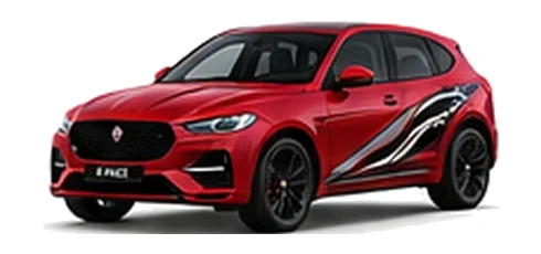 Jaguar E-Pace in Firenze Red with Jaguar performance vinyl graphics, front three-quarter view on a white background.