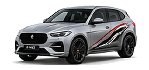 Jaguar E-Pace in Silicon Silver with Jaguar performance vinyl graphics, front three-quarter view on a white background.