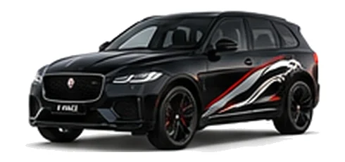 Jaguar F-Pace in Santorini Black with Jaguar performance vinyl graphics, front three-quarter view on a white background.