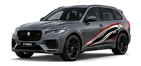 Jaguar F-Pace in Eiger Grey with Jaguar performance vinyl graphics, front three-quarter view on a white background.