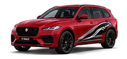 Jaguar F-Pace in Firenze Red with Jaguar performance vinyl graphics, front three-quarter view on a white background.