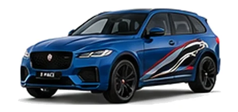 Jaguar F-Pace in Portofino Blue with Jaguar performance vinyl graphics, front three-quarter view on a white background.