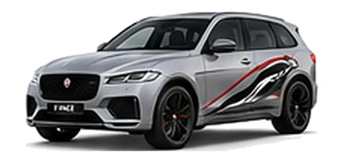 Jaguar F-Pace in Silicon Silver with Jaguar performance vinyl graphics, front three-quarter view on a white background.