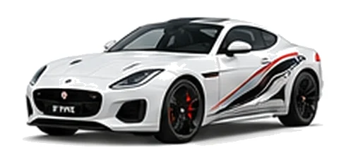 Jaguar F-Type in Fuji White with Jaguar performance vinyl graphics, front three-quarter view on a white background.