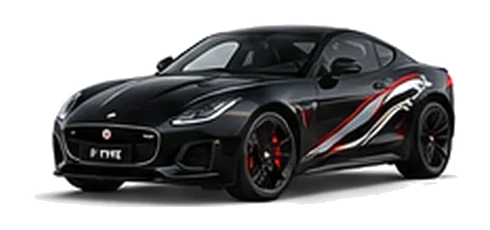 Jaguar F-Type in Santorini Black with Jaguar performance vinyl graphics, front three-quarter view on a white background.