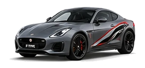 Jaguar F-Type in Eiger Grey with Jaguar performance vinyl graphics, front three-quarter view on a white background.
