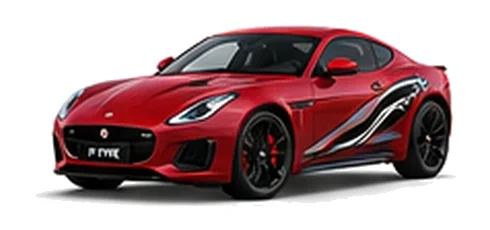Jaguar F-Type in Firenze Red with Jaguar performance vinyl graphics, front three-quarter view on a white background.