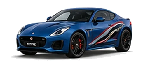 Jaguar F-Type in Portofino Blue with Jaguar performance vinyl graphics, front three-quarter view on a white background.