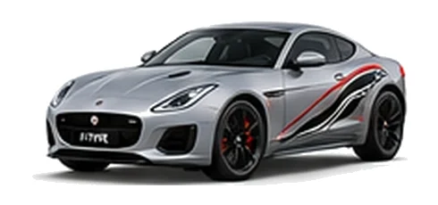 Jaguar F-Type in Silicon Silver with Jaguar performance vinyl graphics, front three-quarter view on a white background.