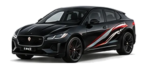 Jaguar I-Pace in Santorini Black with Jaguar performance vinyl graphics, front three-quarter view on a white background.