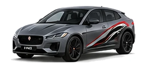 Jaguar I-Pace in Eiger Grey with Jaguar performance vinyl graphics, front three-quarter view on a white background.