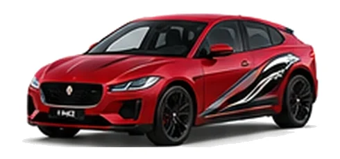 Jaguar I-Pace in Firenze Red with Jaguar performance vinyl graphics, front three-quarter view on a white background.