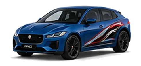 Jaguar I-Pace in Portofino Blue with Jaguar performance vinyl graphics, front three-quarter view on a white background.