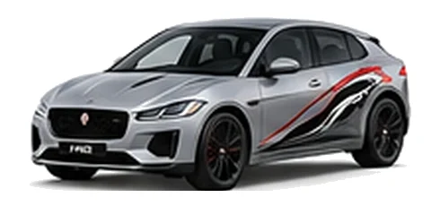 Jaguar I-Pace in Silicon Silver with Jaguar performance vinyl graphics, front three-quarter view on a white background.