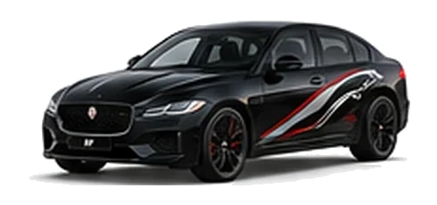 Jaguar XF in Santorini Black with Jaguar performance vinyl graphics, front three-quarter view on a white background.