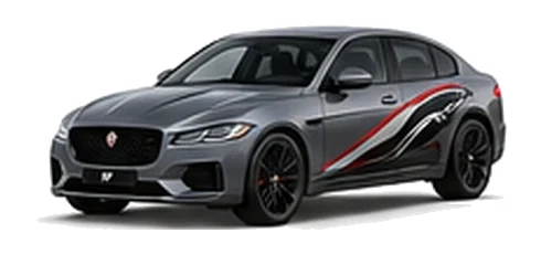 Jaguar XF in Eiger Grey with Jaguar performance vinyl graphics, front three-quarter view on a white background.