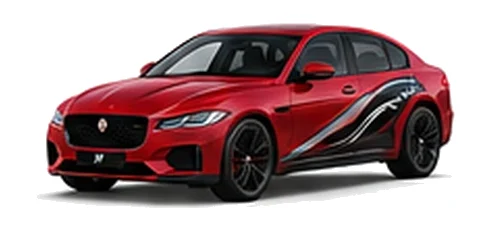 Jaguar XF in Firenze Red with Jaguar performance vinyl graphics, front three-quarter view on a white background.