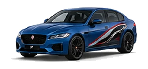 Jaguar XF in Portofino Blue with Jaguar performance vinyl graphics, front three-quarter view on a white background.