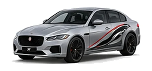 Jaguar XF in Silicon Silver with Jaguar performance vinyl graphics, front three-quarter view on a white background.