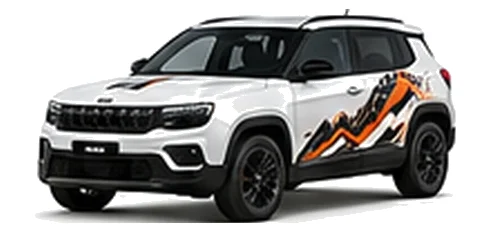 Jeep Avenger in Bright White with Jeep adventure vinyl graphics, front three-quarter view on a white background.