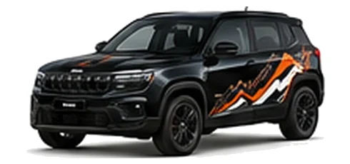 Jeep Avenger in Black with Jeep adventure vinyl graphics, front three-quarter view on a white background.