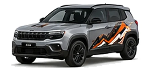 Jeep Avenger in Sting-Gray with custom vinyl graphics, front three-quarter view.