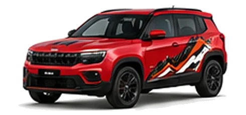Jeep Avenger in Firecracker Red with custom vinyl graphics, front three-quarter view.