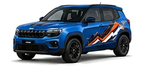Jeep Avenger in Hydro Blue with custom vinyl graphics, front three-quarter view.