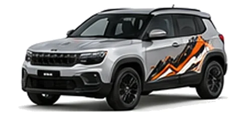 Jeep Avenger in Silver Zynith with custom vinyl graphics, front three-quarter view.