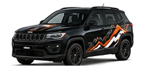 Jeep Compass in Black with Jeep adventure vinyl graphics, front three-quarter view on a white background.